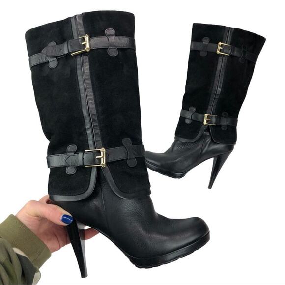 Cole Haan Kennedy Leather Suede High Heel Nike Air Boots Buckles in Black 6.5 - Picture 1 of 14